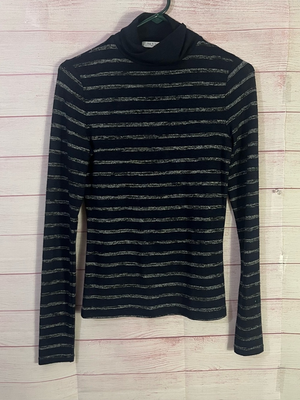 Rag & Bone Landon Navy Blue Silver Horizontal Stripes Turtleneck Small